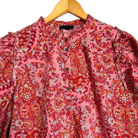 J. Crew Puff Sleeve Top Blouse Oversized Paisley Print Pink Women Size XL Ruffle - Picture 3 of 13